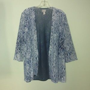 Chicos Travelers Women's Open Cardigan Size 0 Small 3/4 Sleeve Blue White Lace